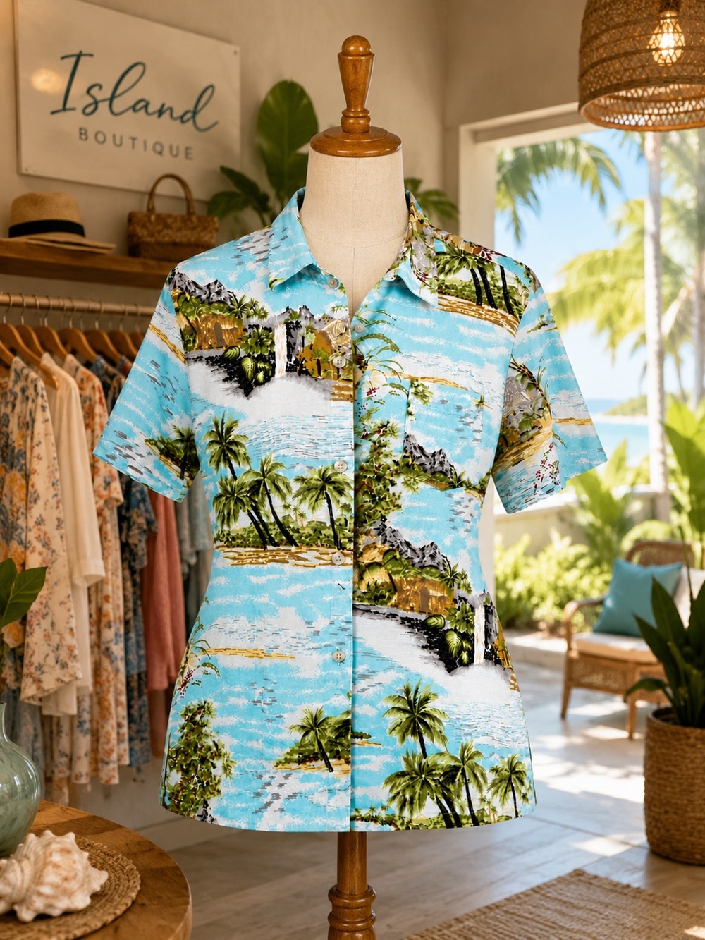 Bill Blass Tropical Print Button-Up Shirt in Aqua